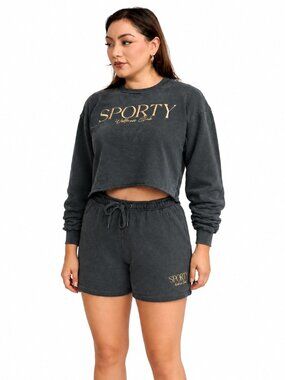 Women’s Washed Two-Piece Lounge Set, Cropped Sweatshirt & Drawstring Shorts